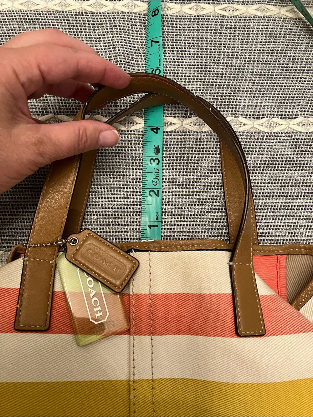 Coach Hadley Striped Canvas Tote with tan leather and signature hangtags - USED - Picture 8 of 14